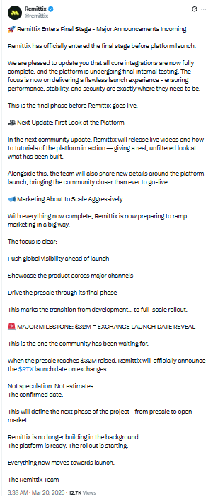 Remittix final launch phase and $32M milestone update