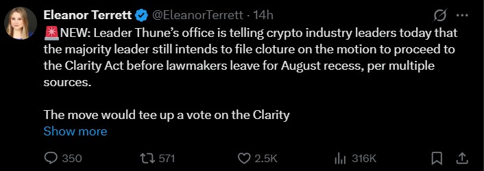 Thune Plans CLARITY Act Cloture Move Before August Recess Thune Plans CLARITY Act Cloture Move Before August Recess