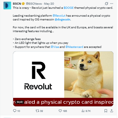 BSCNews tweet Revolut DOGE physical crypto card UK Europe BSCNews tweet Revolut DOGE physical crypto card UK Europe