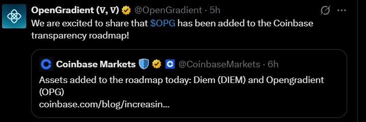 Coinbase Roadmap adds Opengradient