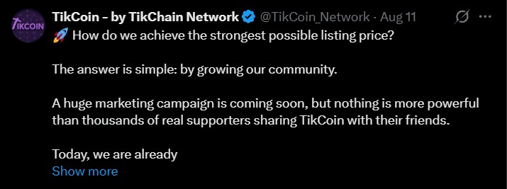 TikCoin Network Listing Price