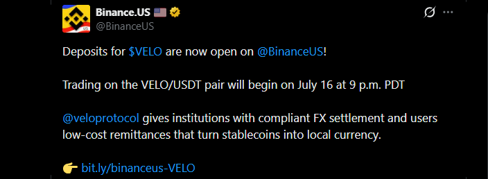 Binance.US has officially listed Velo protocol Binance.US has officially listed Velo protocol