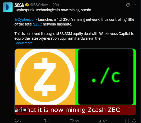 Zcash latest news on x