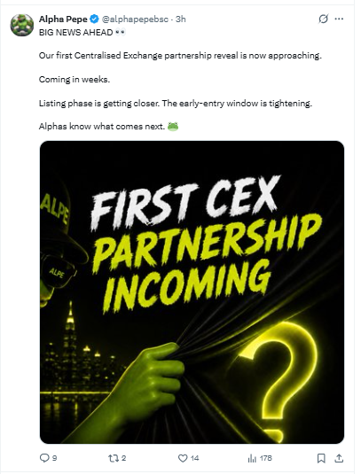 Alphapepe Team tweet about CEX announcement
