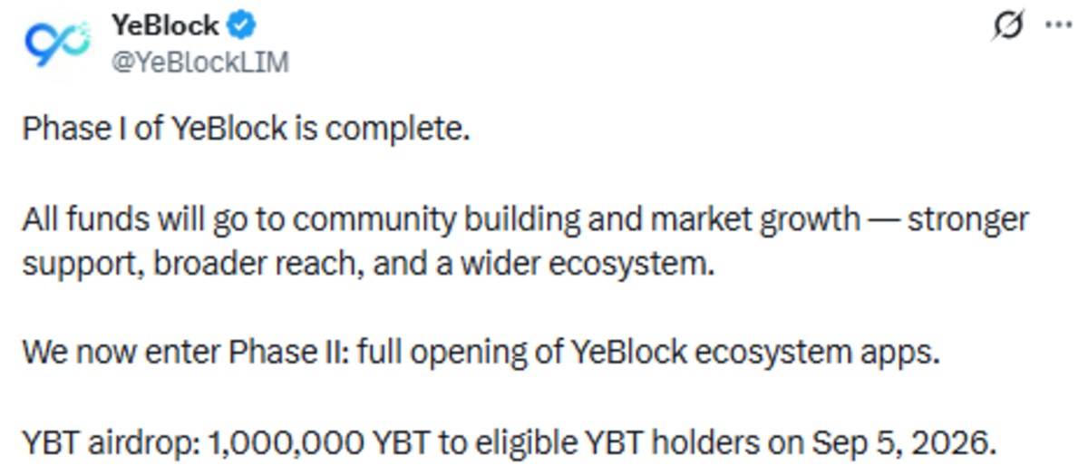 YeBlock News official X post screenshot showing phase 2 update YeBlock News official X post screenshot showing phase 2 update