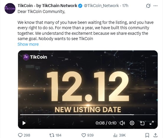 TikCoin official X announcement 