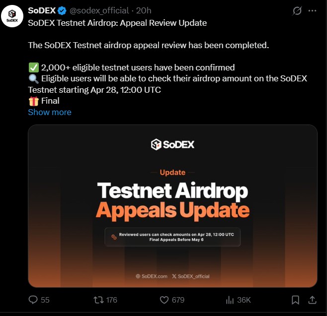 SOSO Sodex Testnet Airdrop Update