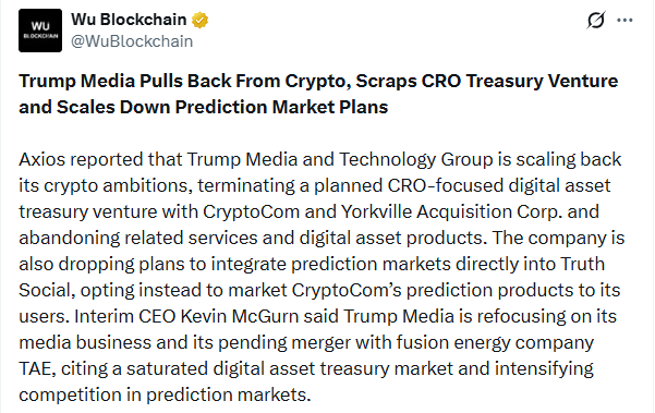 Trump Media crypto pullback as CRO treasury deal ends