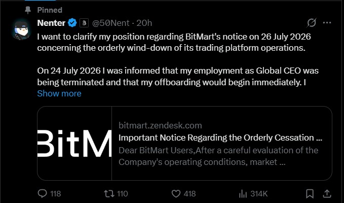 BitMart CEO Nenter Chow Says He Was Not Consulted on Platform Closure Decision BitMart CEO Nenter Chow Says He Was Not Consulted on Platform Closure Decision