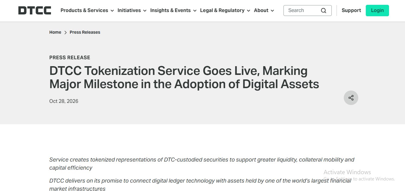 DTC launched the DTCC Tokenization Service on October 28, 2026
