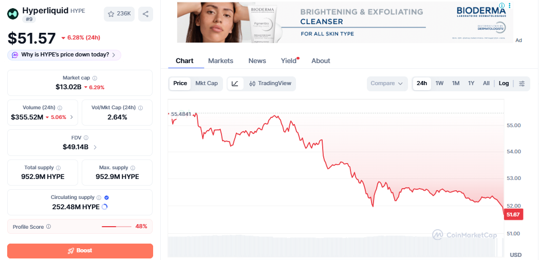 HYPE/USD price chart today
