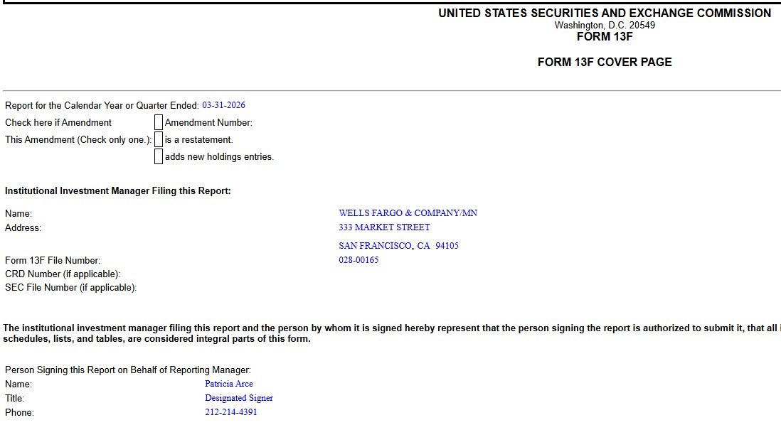 13F filing by Wells Fargo 13F filing by Wells Fargo