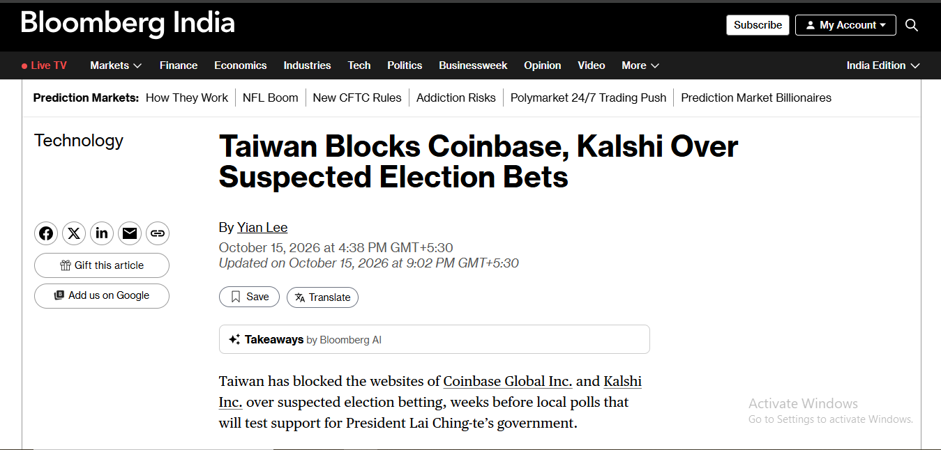 Taiwan blocks Coinbase and Kalshi websites over election betting suspicion