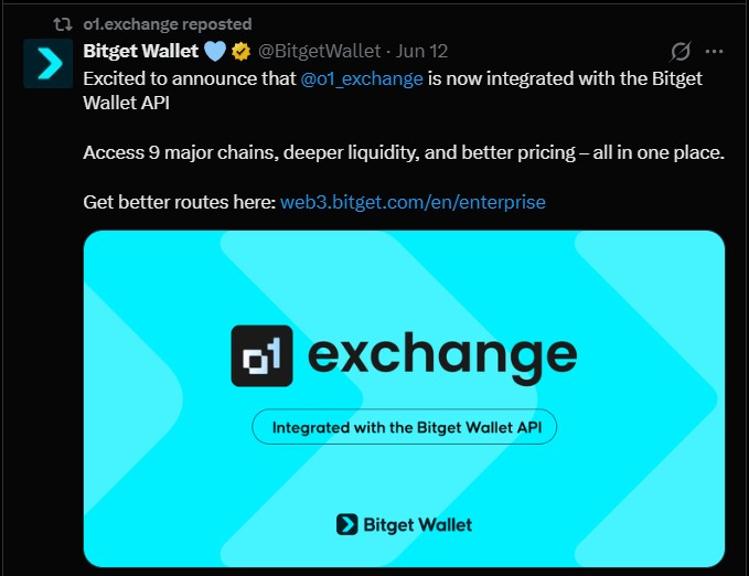o1_exchange is now integrated with the Bitget Wallet API o1_exchange is now integrated with the Bitget Wallet API