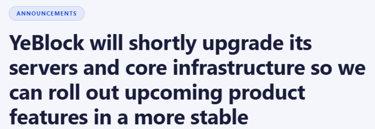 YeBlock update through official announcement on website 