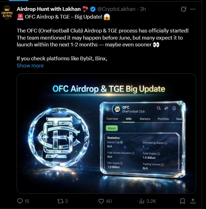 OFC OneFootball Airdrop Listing date