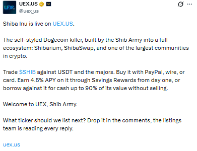 Shiba Inu is live on UEX listing brings SHIB onto a platform Shiba Inu is live on UEX listing brings SHIB onto a platform