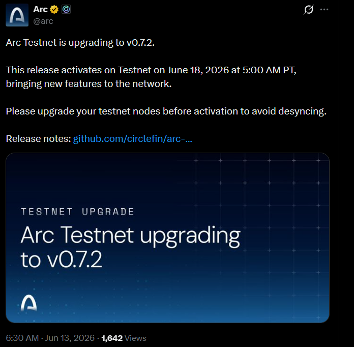 Arc Testnet Upgrade