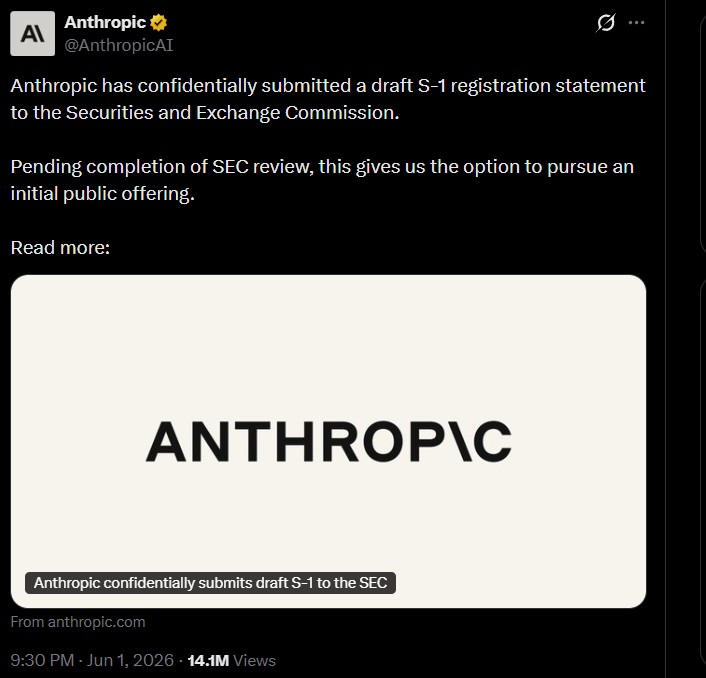 Anthropic officially filed its draft S-1 registration Anthropic officially filed its draft S-1 registration