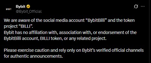 Bybit Warns Users Over Fake "BybitBilli" Account 