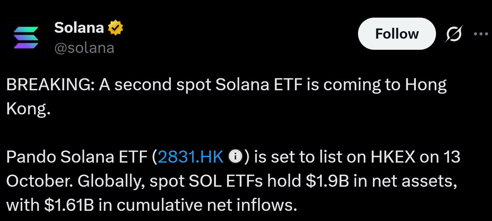 According to the official Solana on X According to the official Solana on X