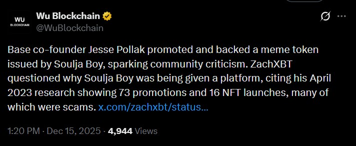 Base Co-Founder Backlash Over Soulja Boy Meme Token Base Co-Founder Backlash Over Soulja Boy Meme Token