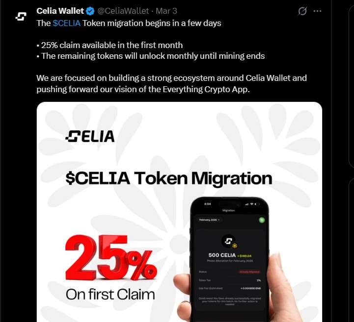 Celia Token migration before celia token listing date