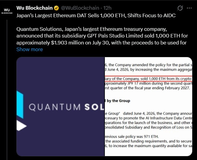 Quantum Solutions' ETH Holdings Fall 29% From Peak