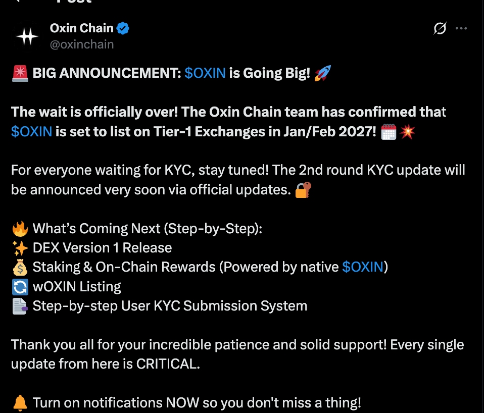 oxinChain Official Tweet Recent