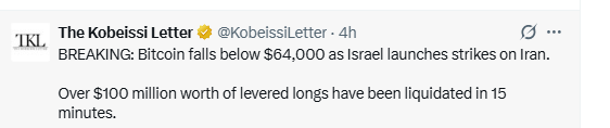 Tweet reporting 100 million dollar Bitcoin long liquidations after Israel Iran escalation