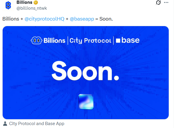 Billions Network token announcement with City Protocol and Base App
