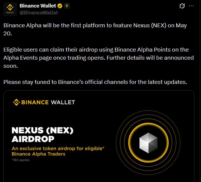 Binance Alpha announced that Nexus (NEX) Binance Alpha announced that Nexus (NEX)