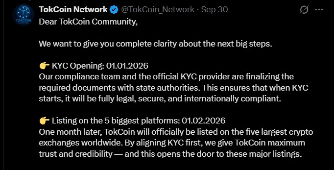 Tok Coin Listing Date and KYC Open Jan 1
