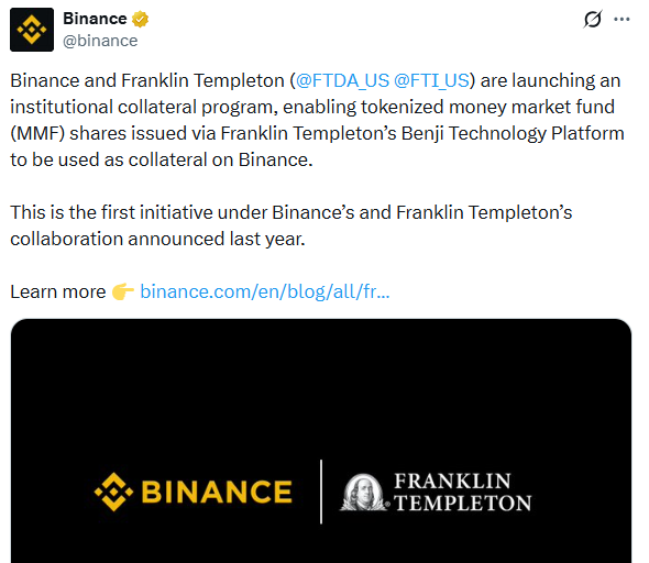 Franklin Templeton and Binance collateral using tokenized money market funds