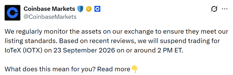 Coinbase IOTEX Delisting