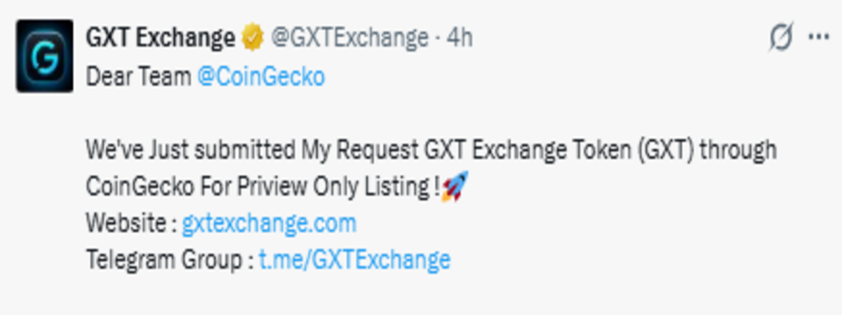 Official GXT Exchange Post screenshot showing CoinGecko update Official GXT Exchange Post screenshot showing CoinGecko update