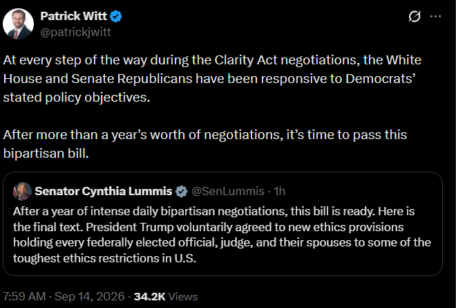 Senate Democrats to Meet Before Tuesday CLARITY Act Vote Senate Democrats to Meet Before Tuesday CLARITY Act Vote