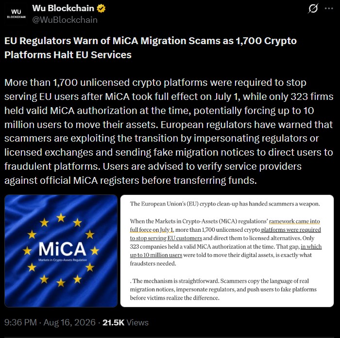 Over 1,700 Crypto Platforms Face EU Service Restrictions After Deadline Over 1,700 Crypto Platforms Face EU Service Restrictions After Deadline