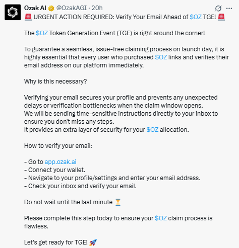 Ozak AI TGE email verification notice 