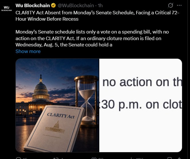 CLARITY Act Missing From Monday Senate Schedule CLARITY Act Missing From Monday Senate Schedule
