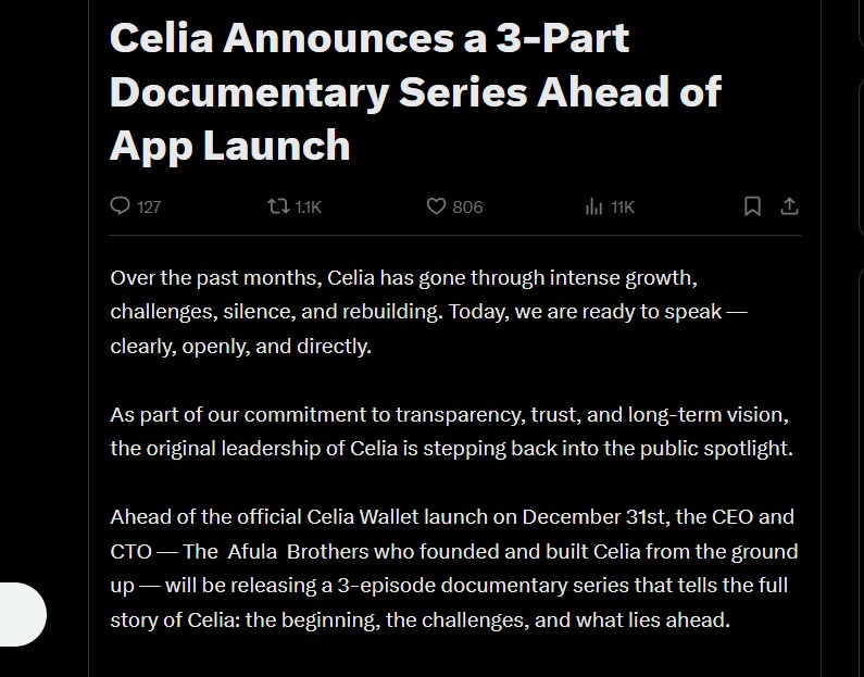 Celia Wallet Launch Date Dec 31