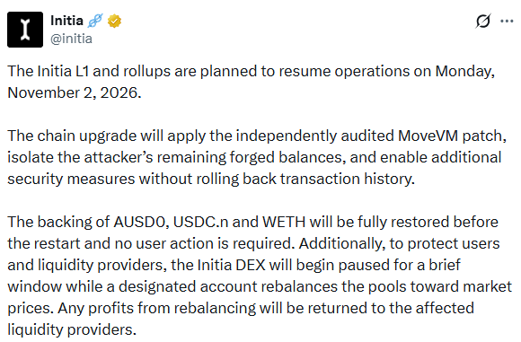 Initia network restart announcement showing Nov 2 plan and MoveVM patch update 
