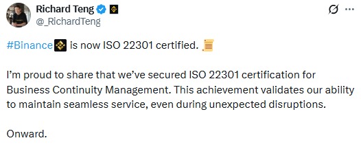 Binance ISO 22301 Certified