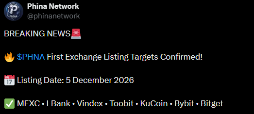 Phina Network Exchange Listing X Post Phina Network Exchange Listing X Post