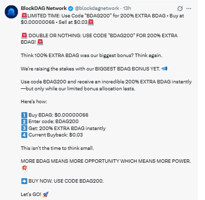 BDAG200, offering 200% extra BDAG on top of regular purchases. 