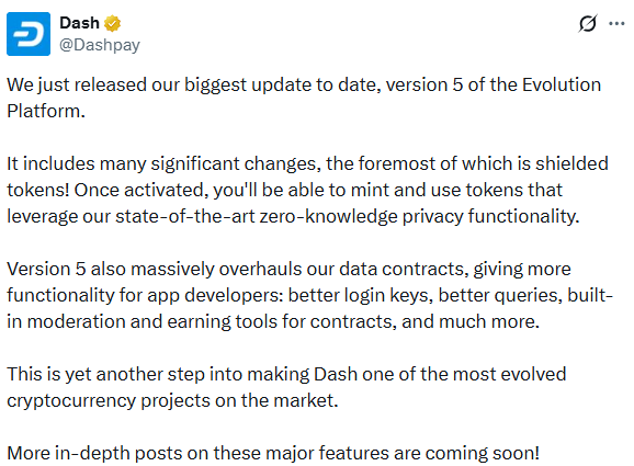Dash Evolution Platform v5 release announcement on X Dash Evolution Platform v5 release announcement on X