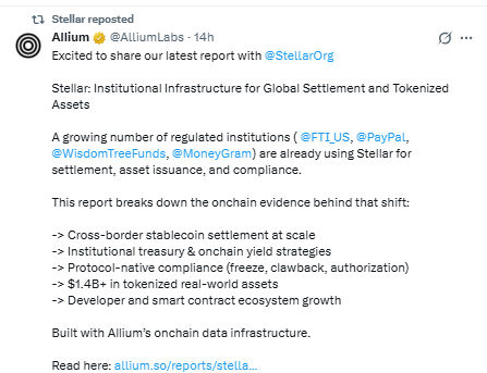 Stellar institutional adoption report showing global settlement and tokenized assets use