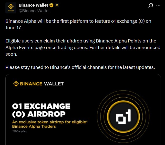 o1 Exchange ($O) Launches on Binance Alpha o1 Exchange ($O) Launches on Binance Alpha