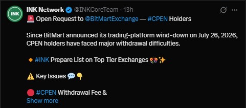 INK Team Challenges BitMart on CPEN Withdrawals INK Team Challenges BitMart on CPEN Withdrawals
