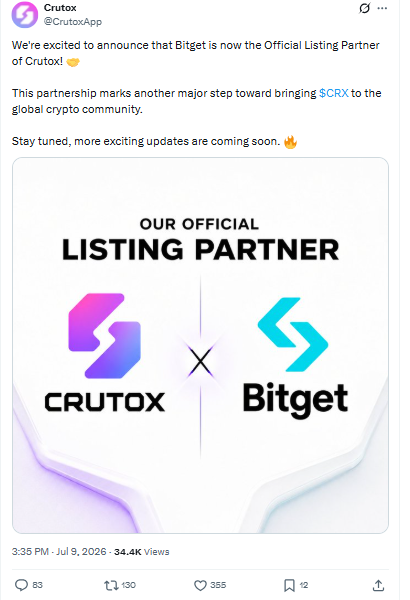 Bitget is now the official listing partner for Crutox $CRX,